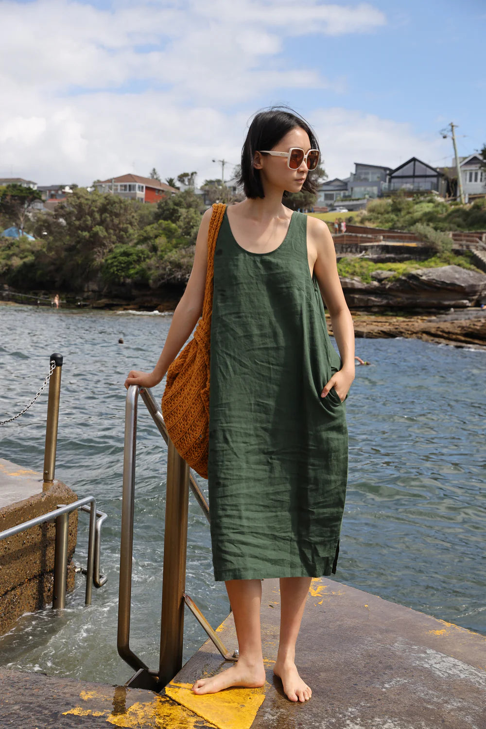 Basic Linen Shift Dress - Dark Forest