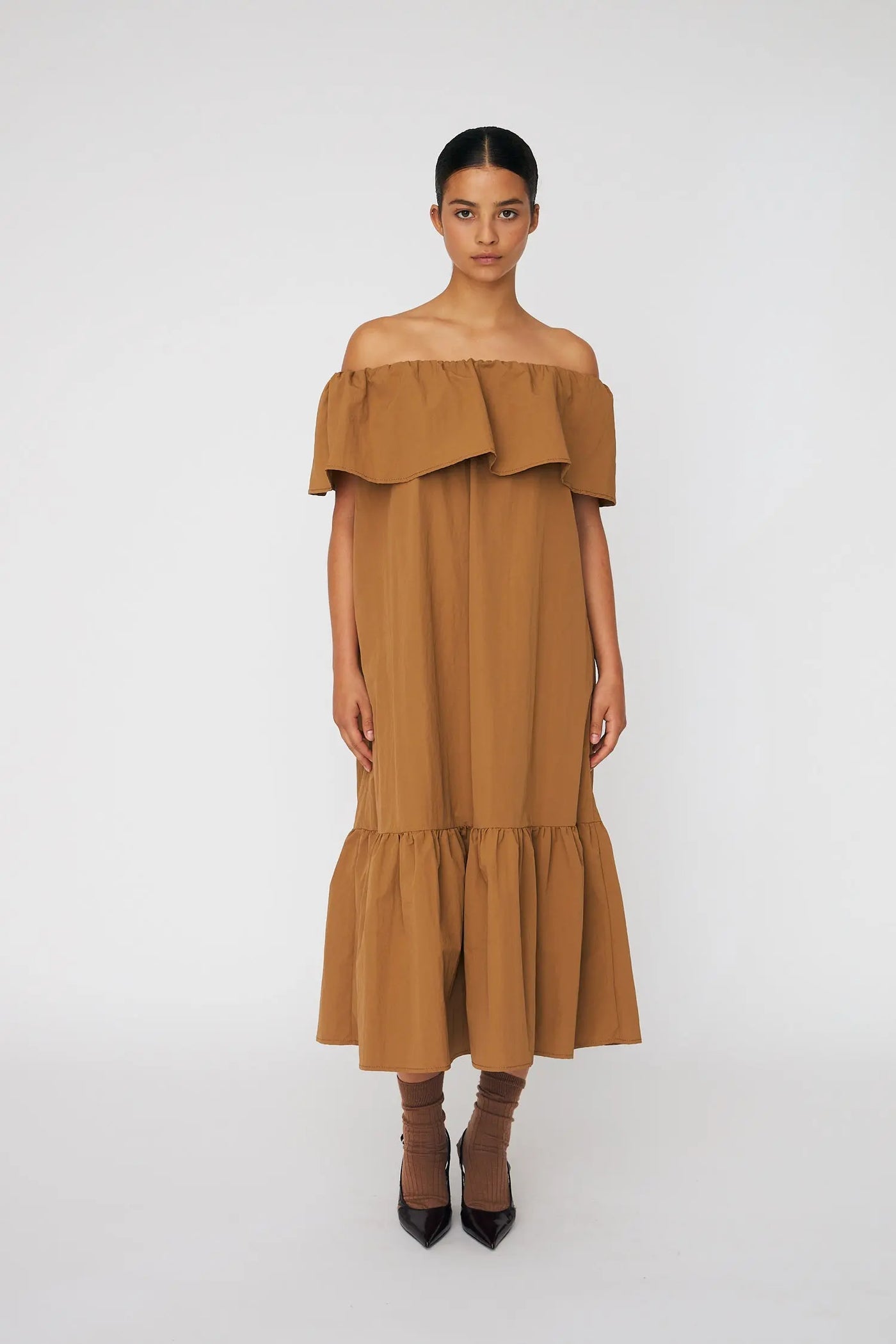 Off The Shoulder Midi Dress - Camel Brown