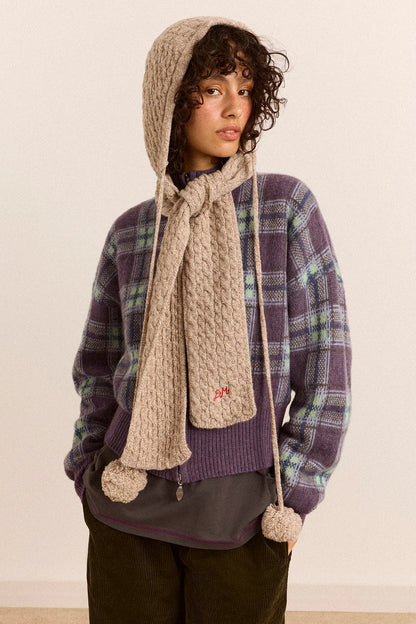 Hooded Pom Pom Scarf - Oatmeal