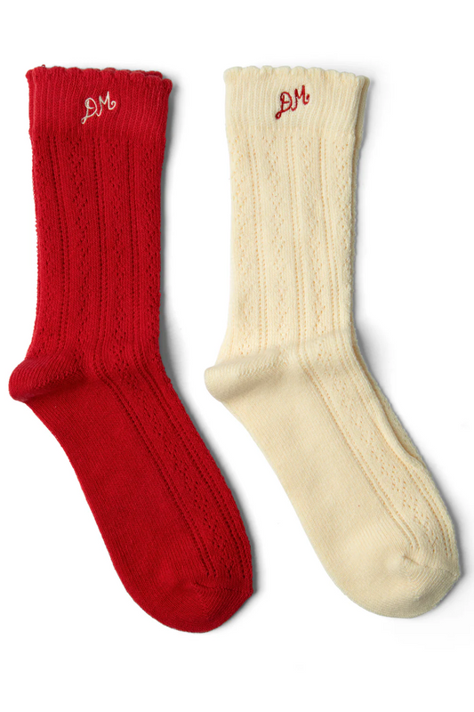 2 Pack Pointelle Socks - Red & Cream