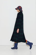 Long Check Coat - Navy