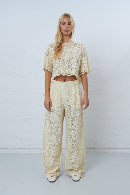 W ROTATES Delicate Lace Flared Pant - Vanilla/Green Tea