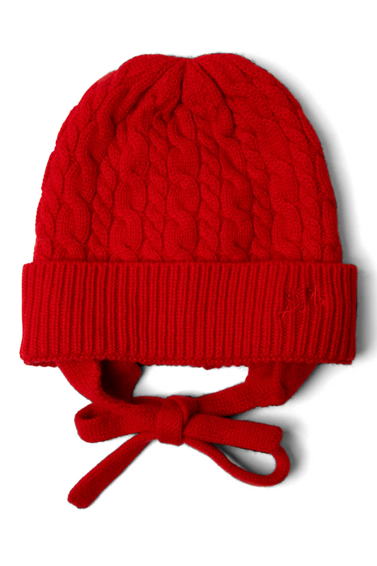 Cashmere / Wool Blend Mix Turn Up Tie Beanie - Red