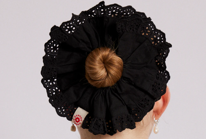 Frill Edge Scruchie In Broidery - Black