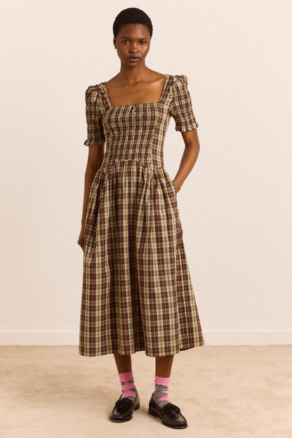 Molly Emmy Shirred Midi Dress - Cocoa Check