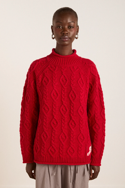 Ffion Cable Stitch Wool Jumper - Red