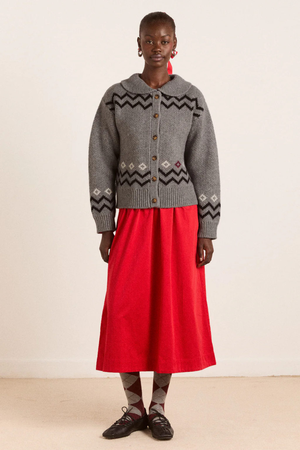 Cecily Collar Lambs Wool Cardigan - Bunny Intarsia