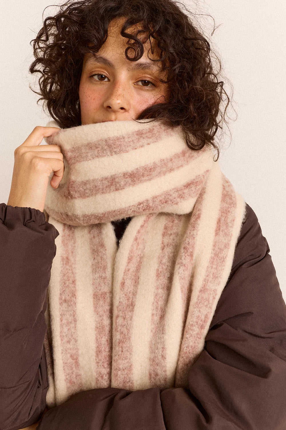 Brushed Fluffy Scarf - Choc & Ecru Stripes