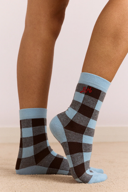 Gingham Socks - Pale Blue & Choc
