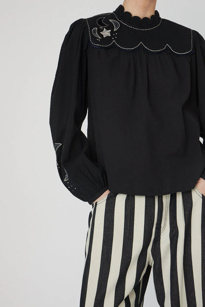 Moon & Stars Embroidered Blouse - Black