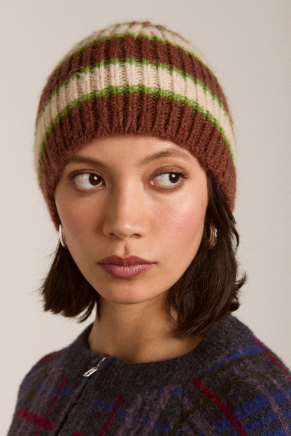 Stripe Beanie - Oat / Burgundy / Lime