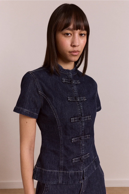 Nelly Button Trim Top - Indigo