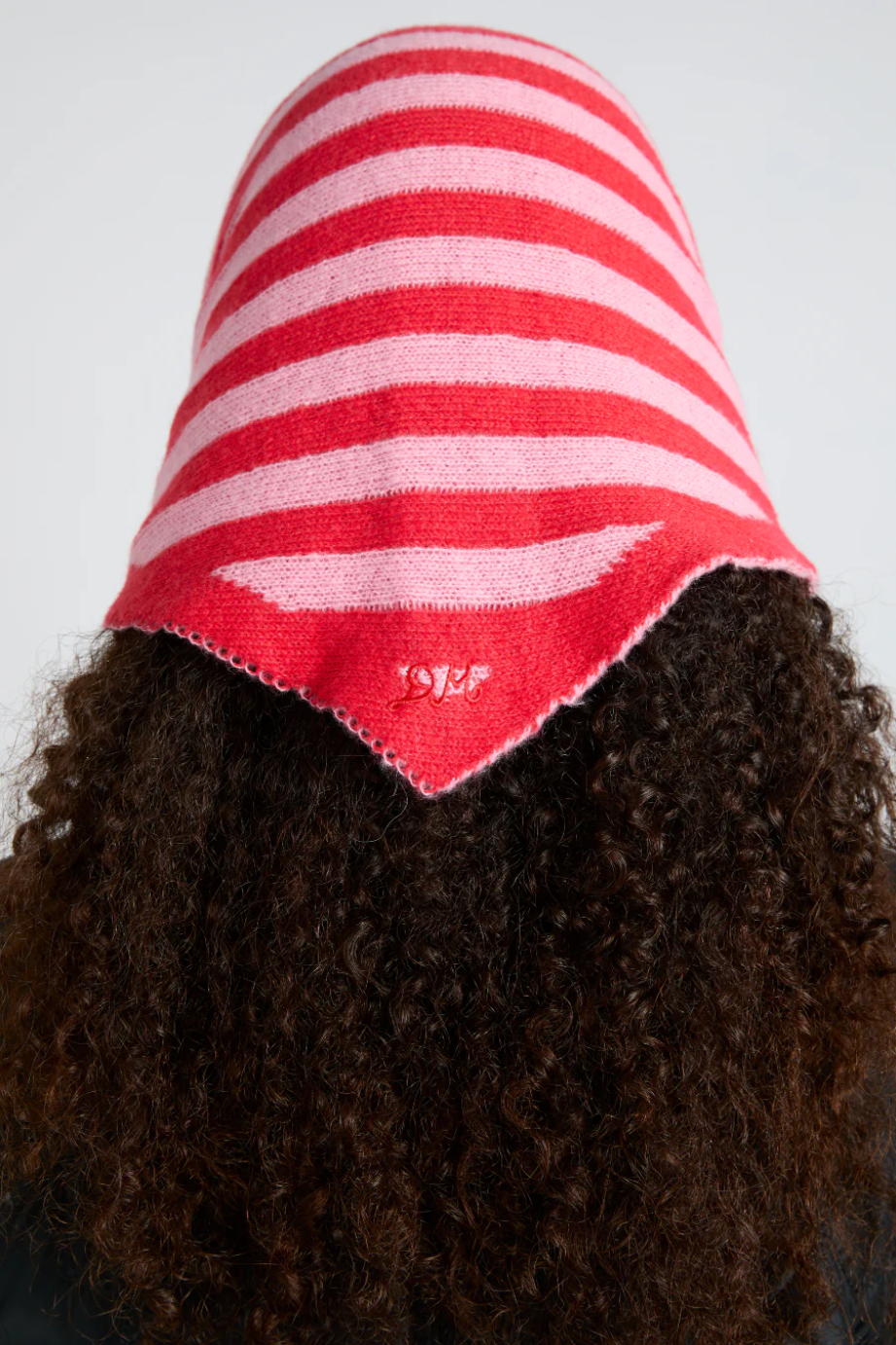 Knitted Triangle Headscarf - Red & Pink Stripe