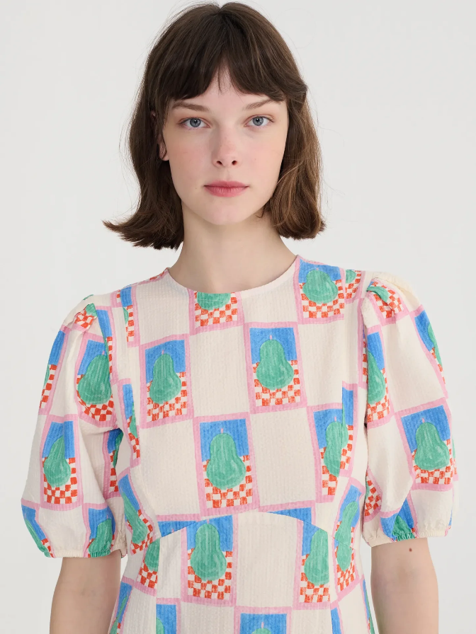 Simple Pear Pattern Puff Sleeve Dress