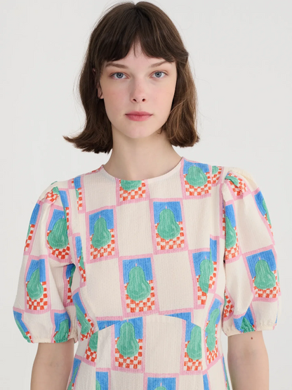 Simple Pear Pattern Puff Sleeve Dress