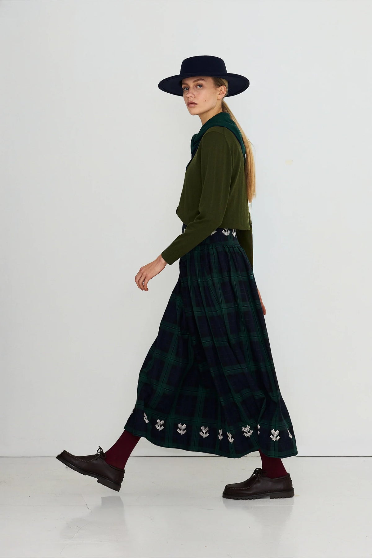 Embroidered Check Skirt