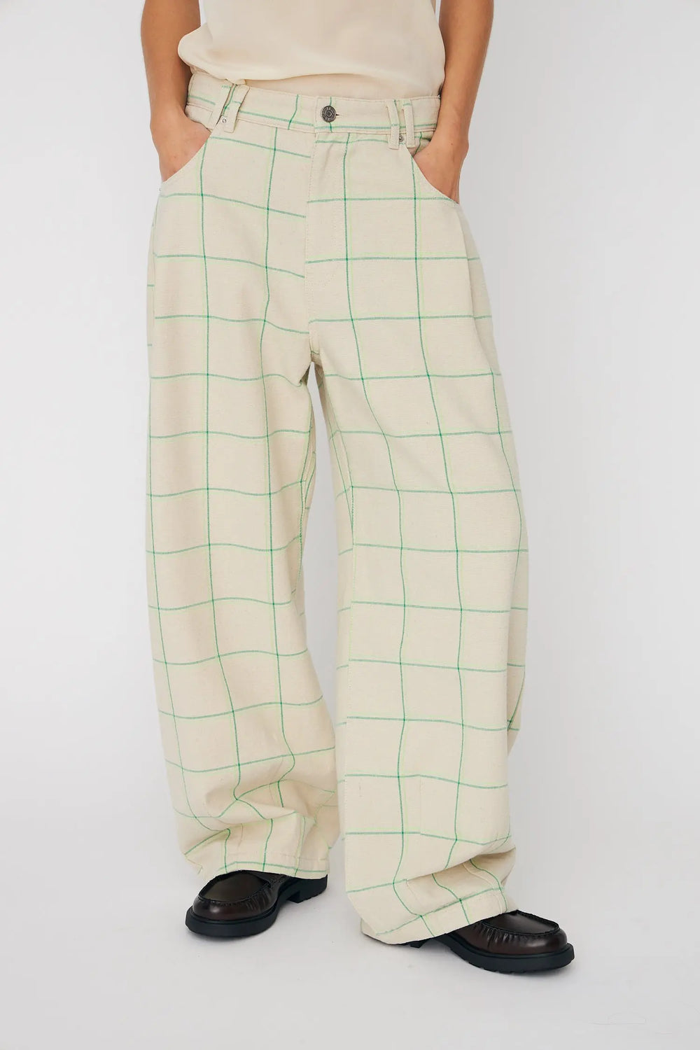 Checked Baggy Low-Waist Pants - Crème Check