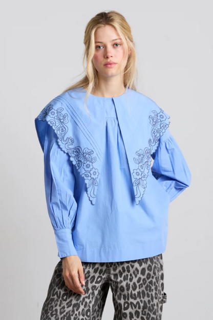 Candy Embroidered Collar Blouse - Blue