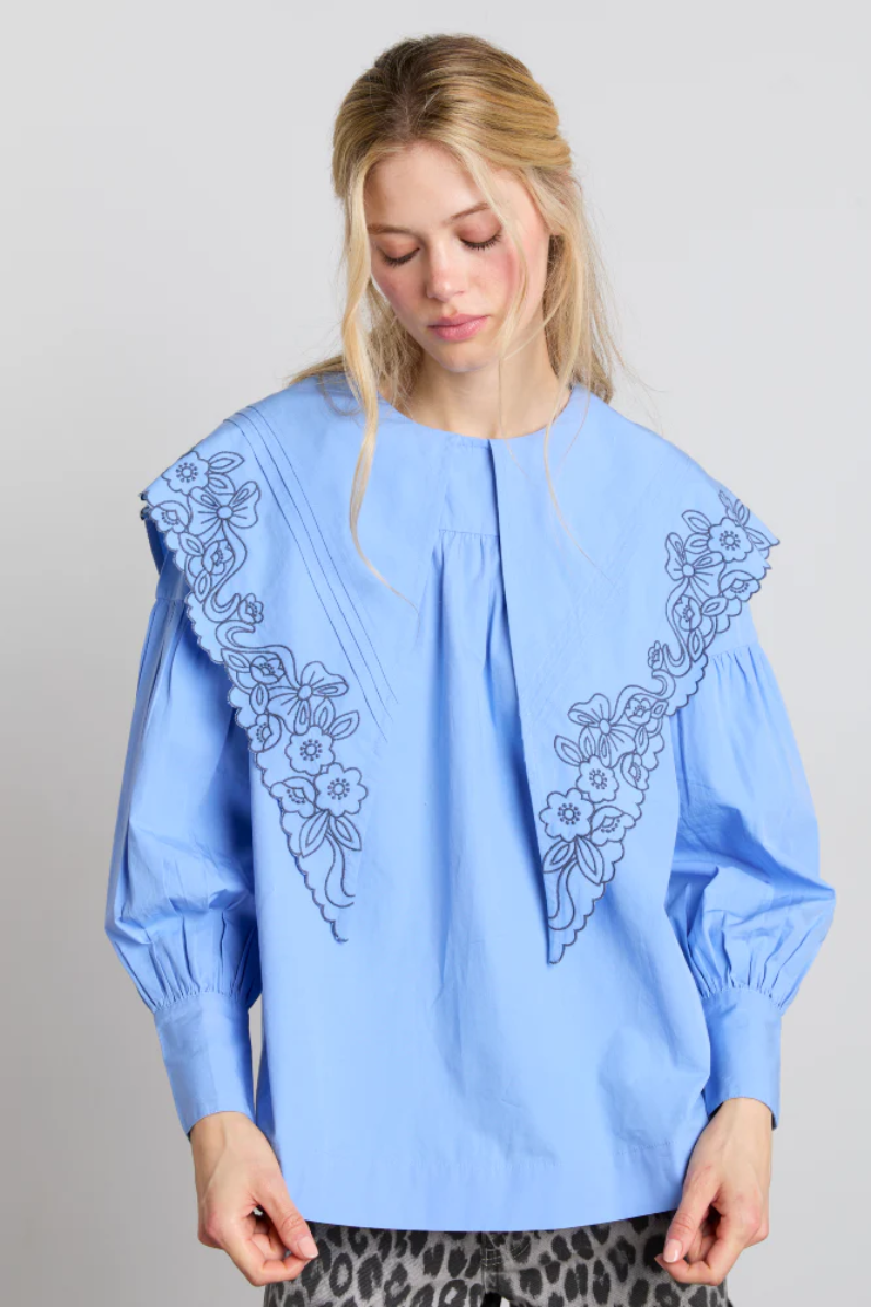 Candy Embroidered Collar Blouse - Blue