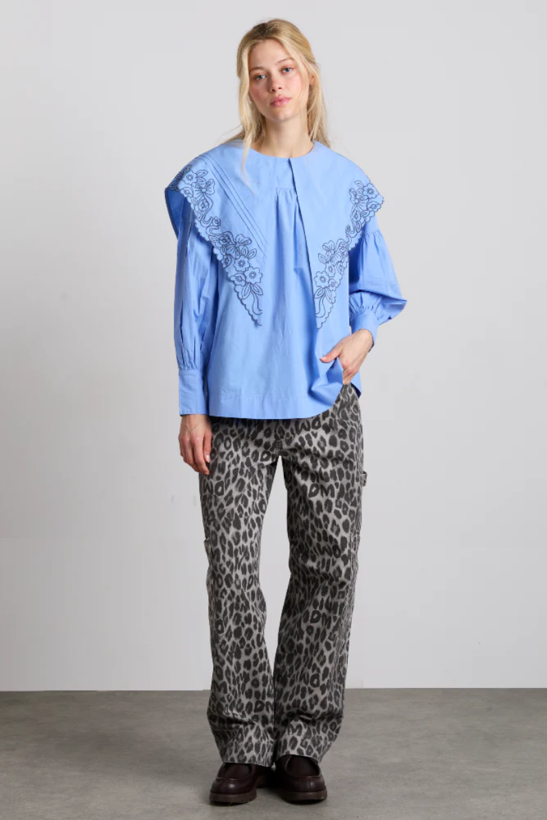 Candy Embroidered Collar Blouse - Blue