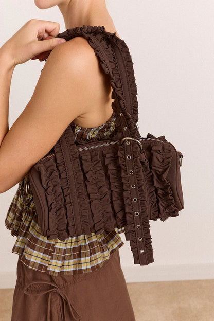 Waverly Mini Ruffle Barrel Bag - Chocolate