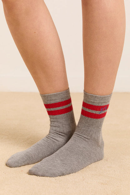 Sporty Calf Socks - Grey Marl With Red Stripe