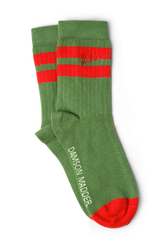 Sporty Calf Socks - Olive And Red Stripe