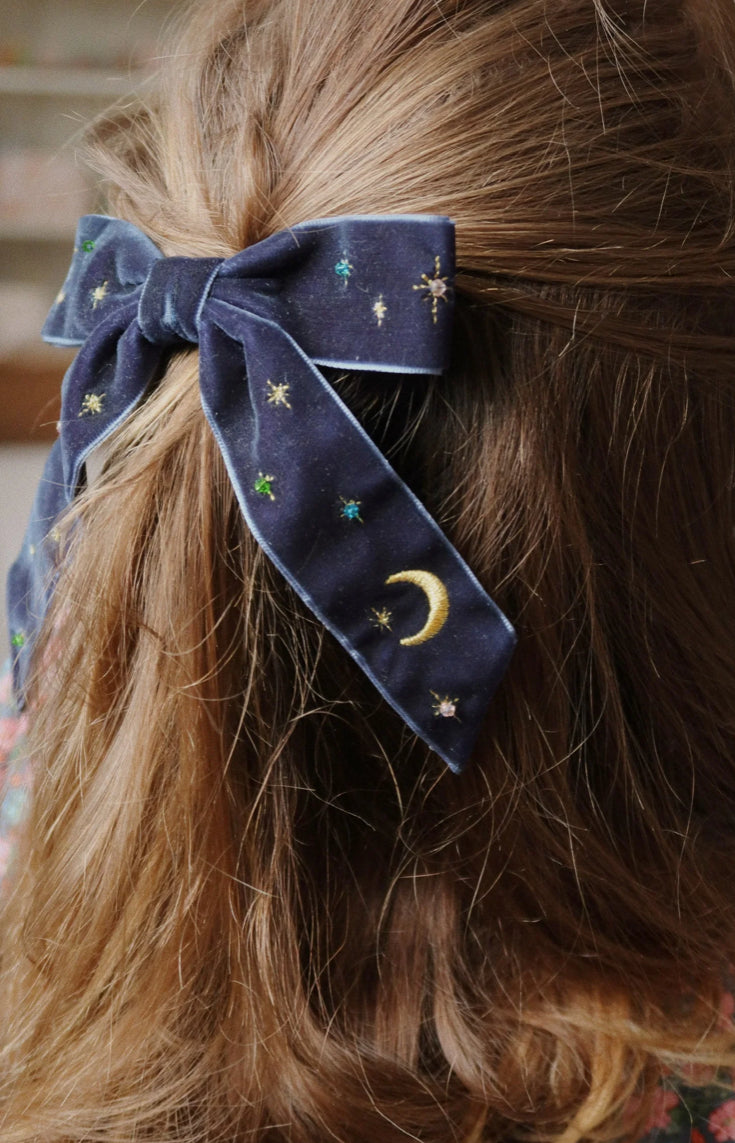 Velvet Bow Hair Clip - Pearly Navy