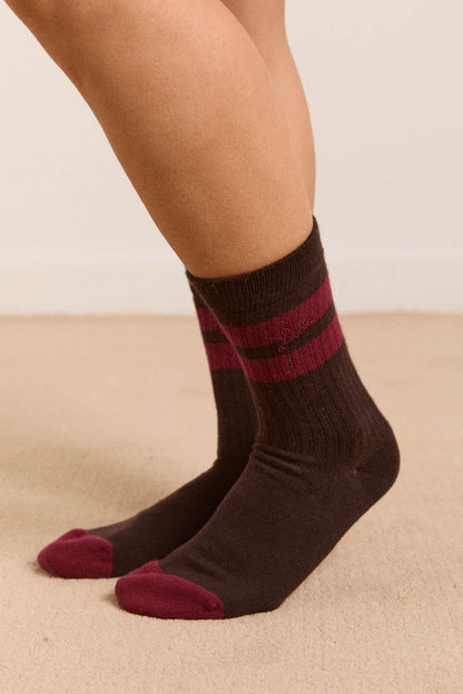Sporty Calf Socks - Choc & Burgundy Stripe