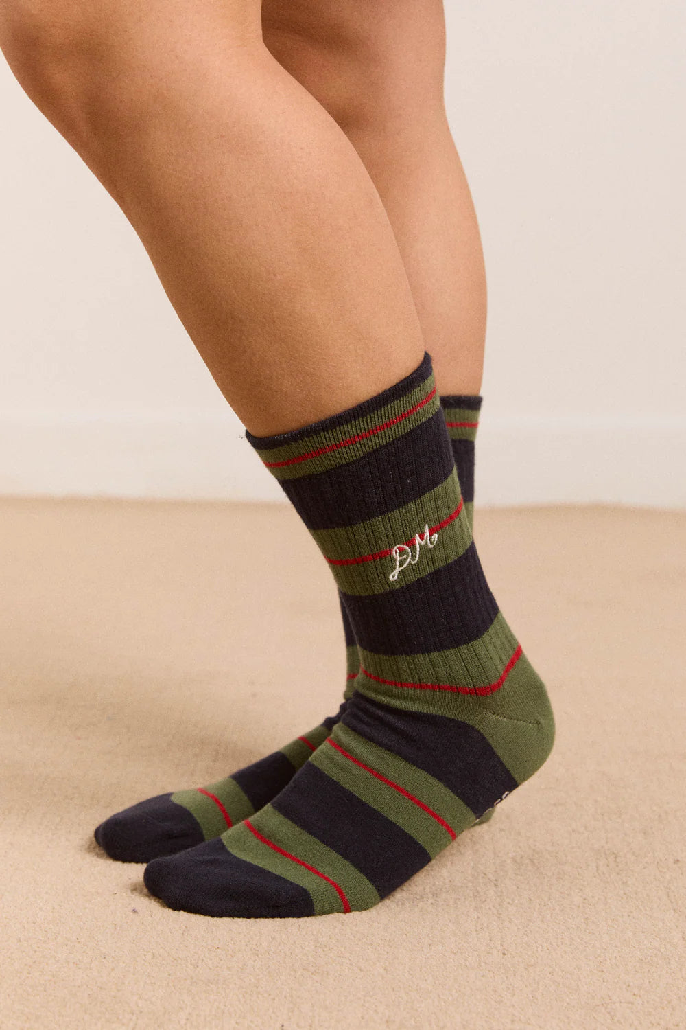 Sporty Calf Ribbed Socks - Olive Multistripe