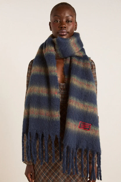 Brushed Oversized Scarf Choc/ Blue Stripe