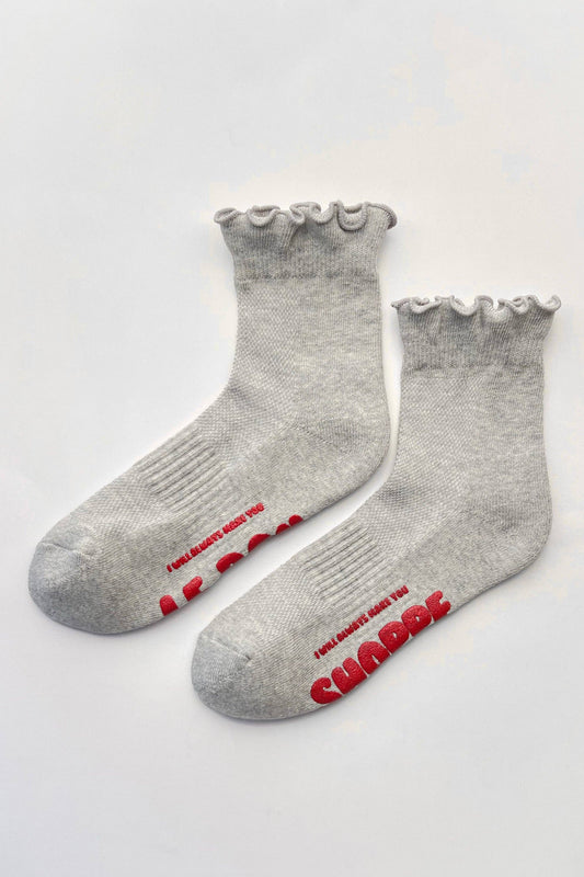 Ruffled Hugger Crew Socks - Grey/Red