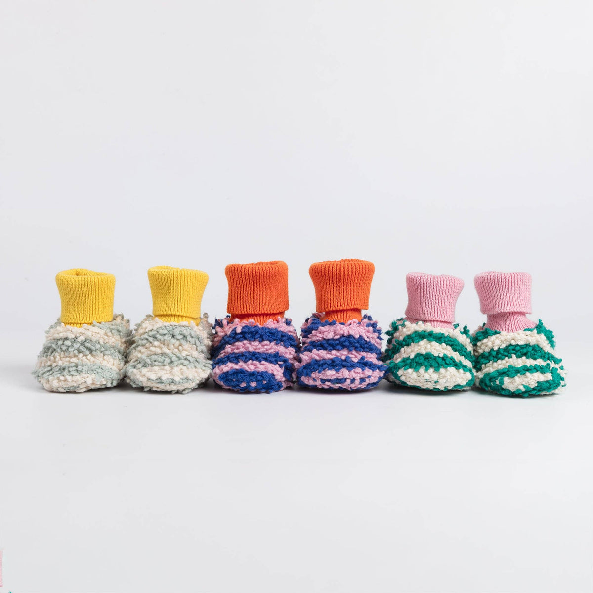 Cotton Knit Baby Slipper Socks: Boucle Striped Green