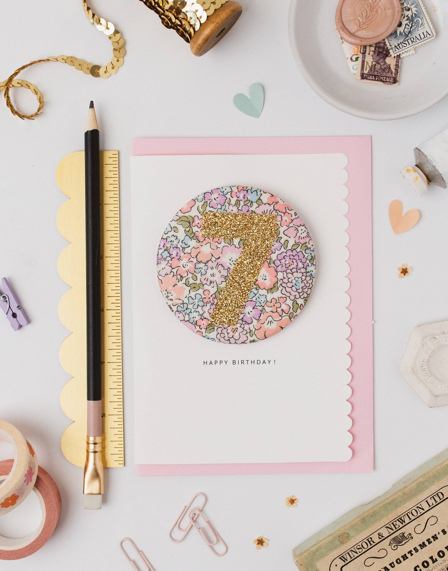 Age 7 Birthday Badge Card - Liberty Michelle fabric