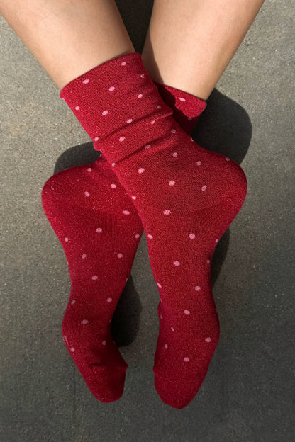 Lurex Patterned Sneaker Socks - Polka Dot - Red/Pink
