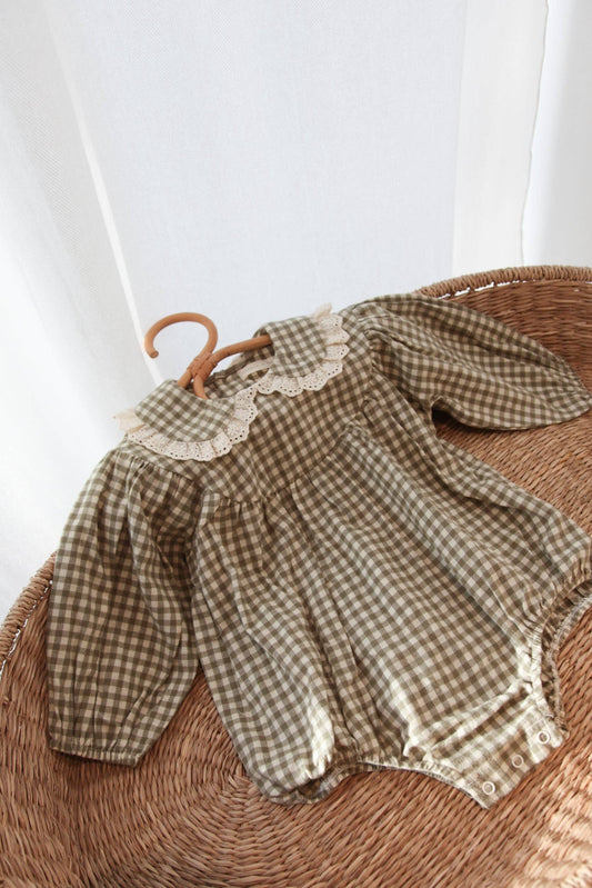 Sage Green/Gingham Frill Collar Romper: 12-18m