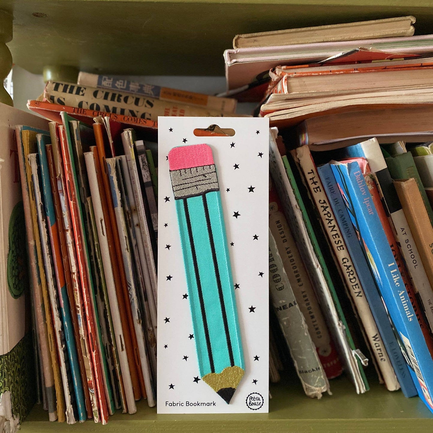 Aqua Retro Pencil Embroidered Fabric Bookmark