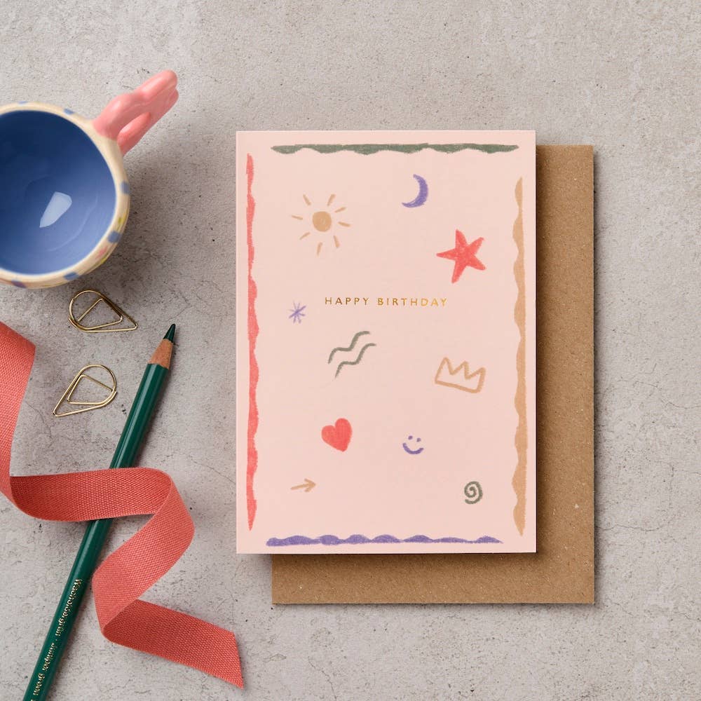 Happy Birthday Doodle Card with Gold Foil by Katie Leamon