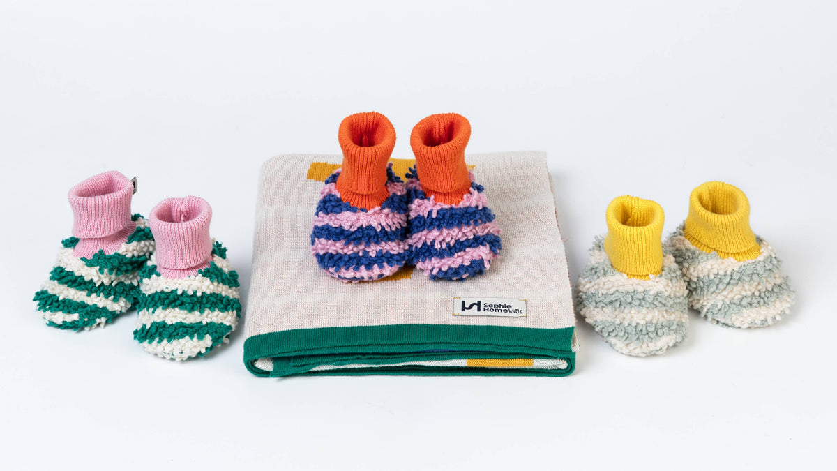 Cotton Knit Baby Slipper Socks: Boucle Striped Green