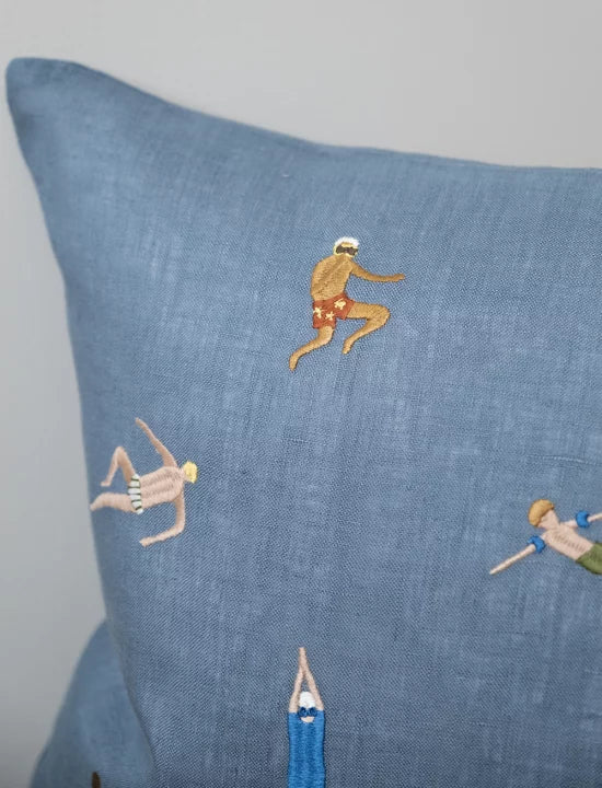 Swimmers Embroidered Cushion  - Blue