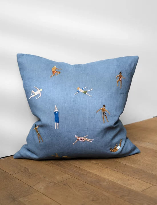 Swimmers Embroidered Cushion  - Blue