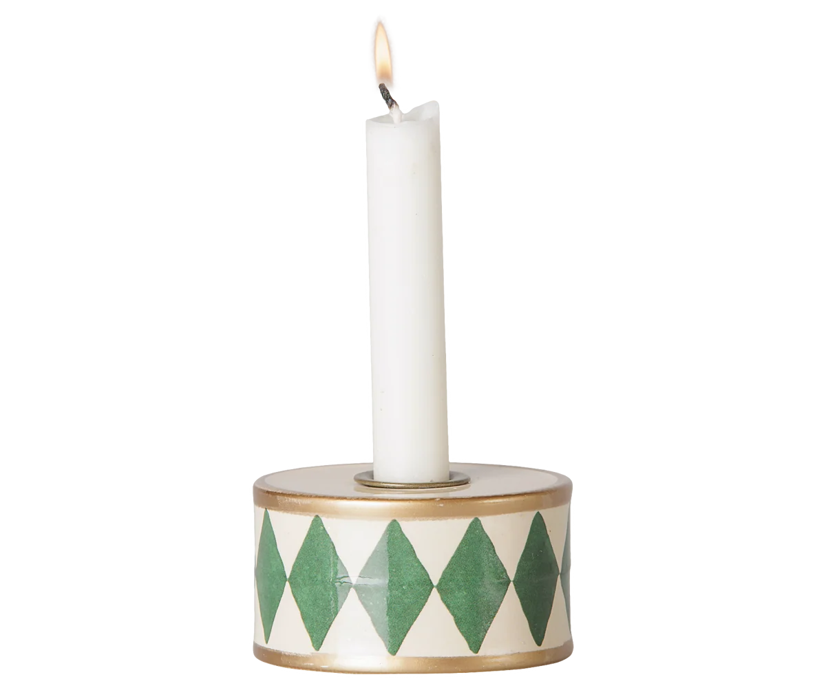 Candle Holder Drum - Off White/ Green