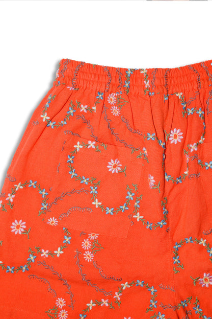 Tablecloth Embroidered Shorts - Red Floral