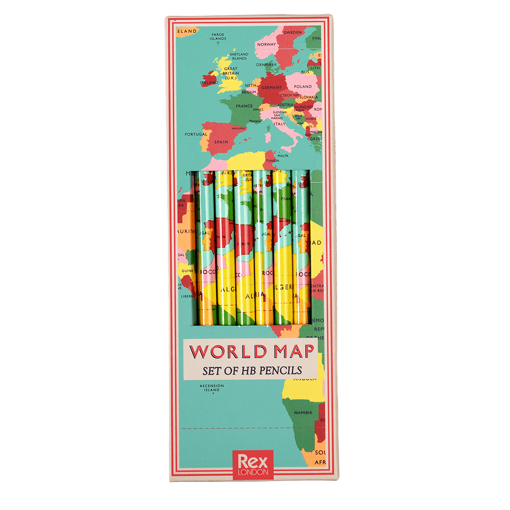 World Map Set Of 6 HB Pencils